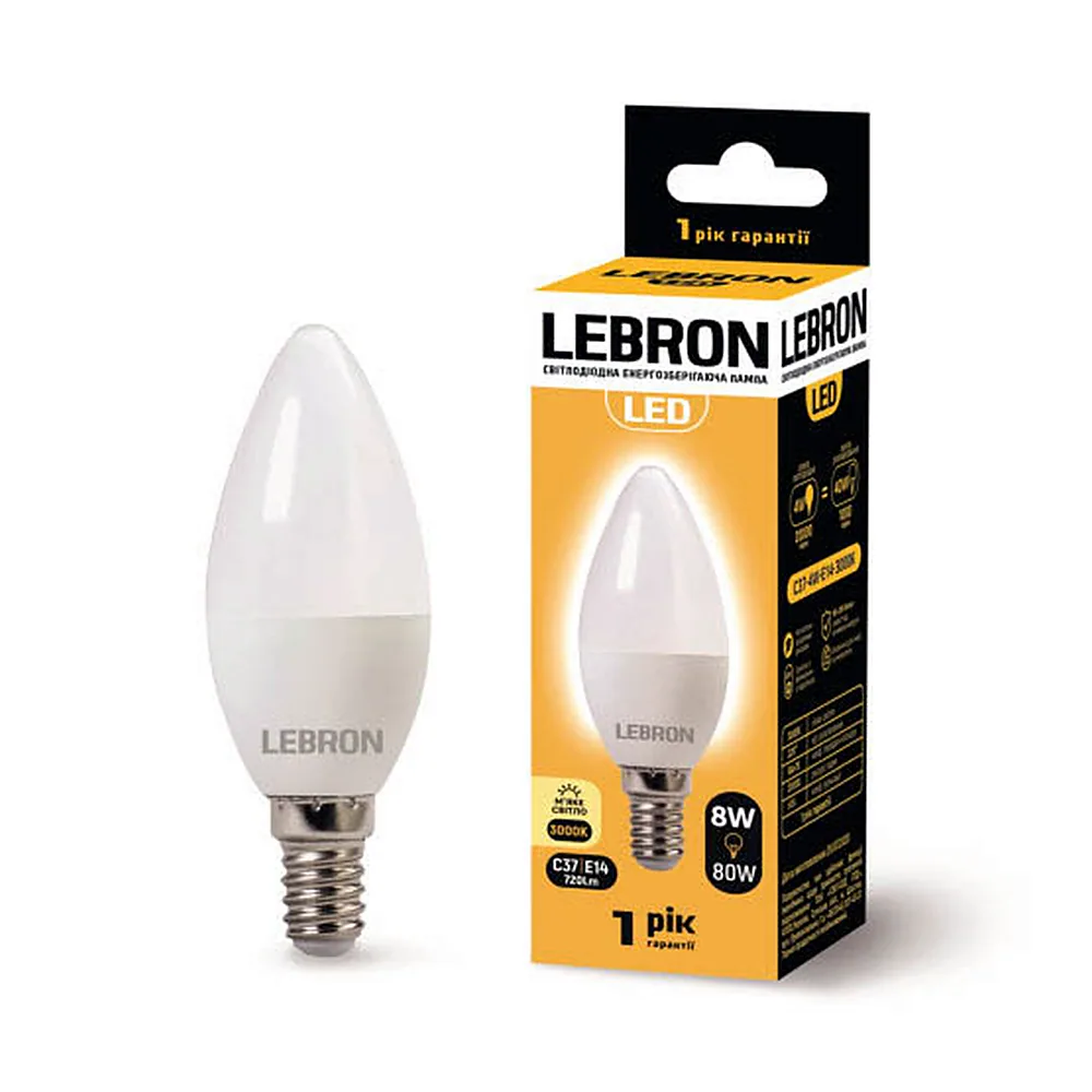 LED лампа LEBRON L-С37, 8W, 220V, Е14, 3000K, 720Lm