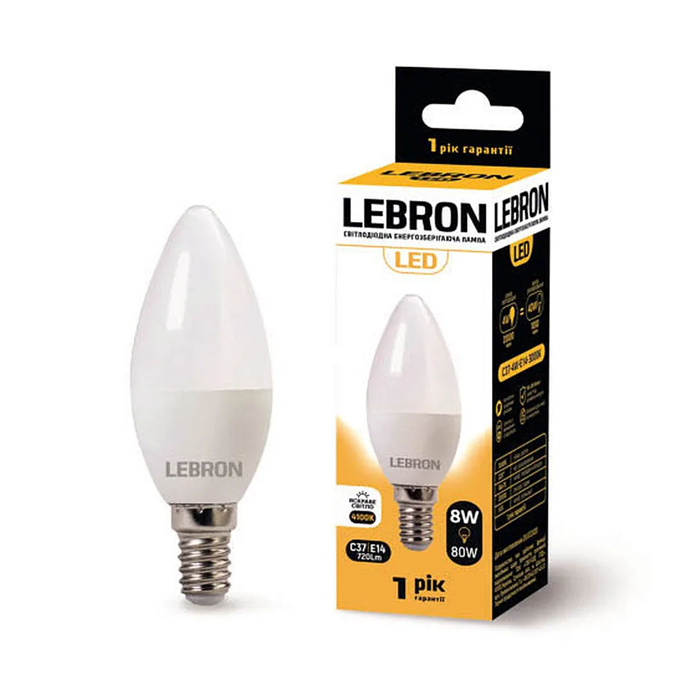 LED лампа LEBRON L-С37, 8W, 220V, Е14, 4100K, 720Lm