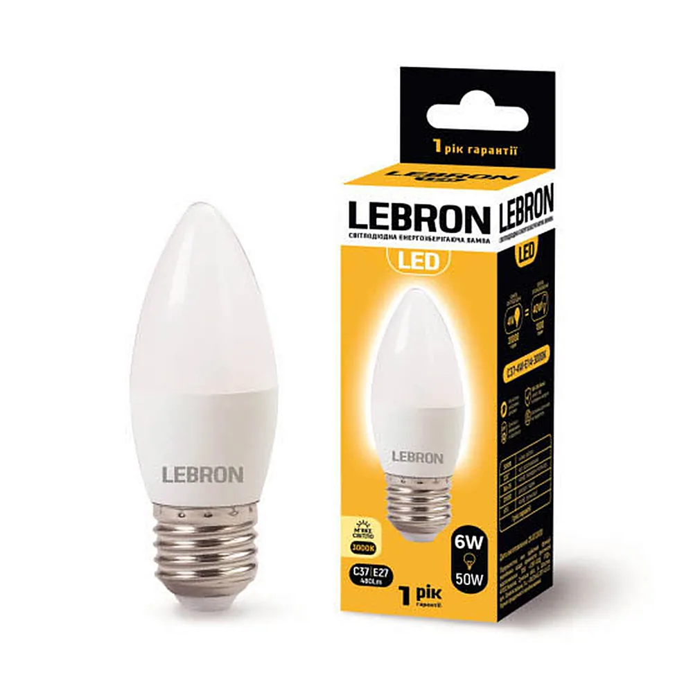 LED лампа LEBRON L-С37, 6W, 220V, Е27, 3000K, 480Lm