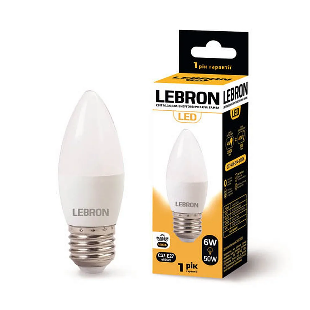 LED лампа LEBRON L-С37, 6W, 220V, Е27, 4100K, 480Lm