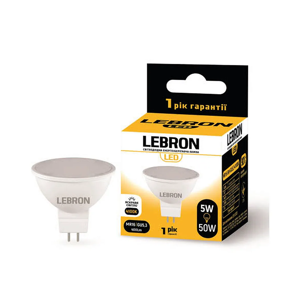 LED лампа LEBRON L-MR16, 5W, 220V, GU5,3, 4100K, 400Lm