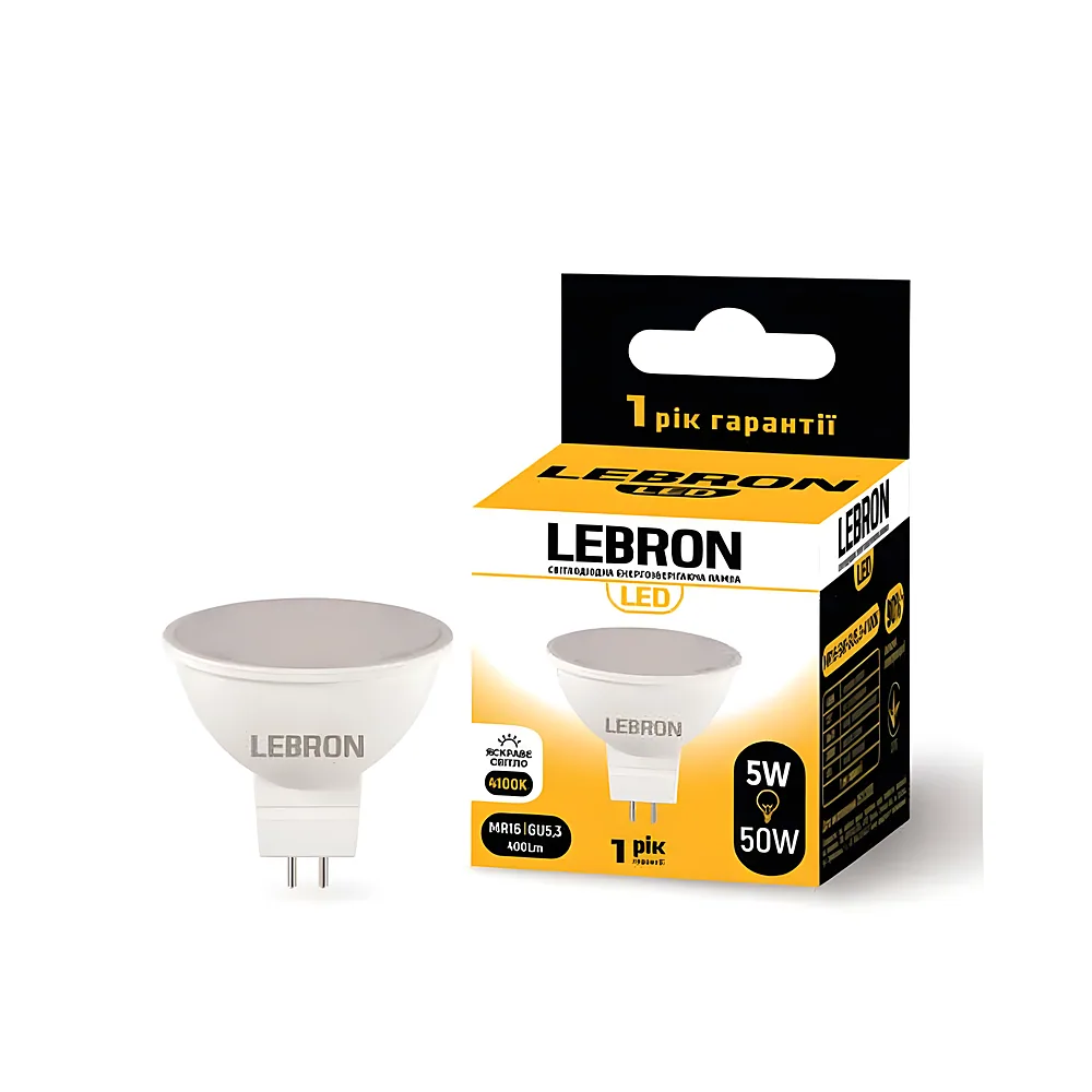 LED лампа LEBRON L-MR16, 5W, 220V, GU5,3, 4100K, 400Lm