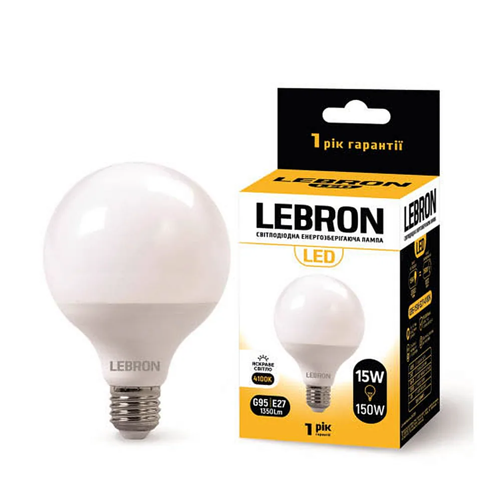 LED лампа LEBRON L-G95, 15W, 220V, Е27, 4100K, 1350Lm