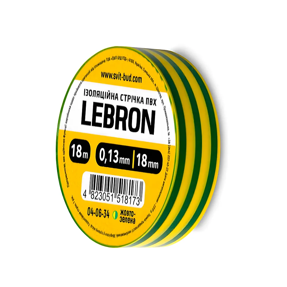 Ізоляційна стрічка ПВХ 18 мм х 18 м жовто-зелена LEBRON 67-01-39