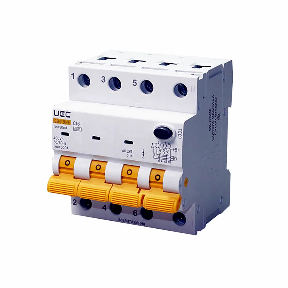 Автоматичний вимикач диференційного захисту IEK SB-R9NE 4P C16 30мА тип AC 6kA RCBO60-4-016-C-030-AC