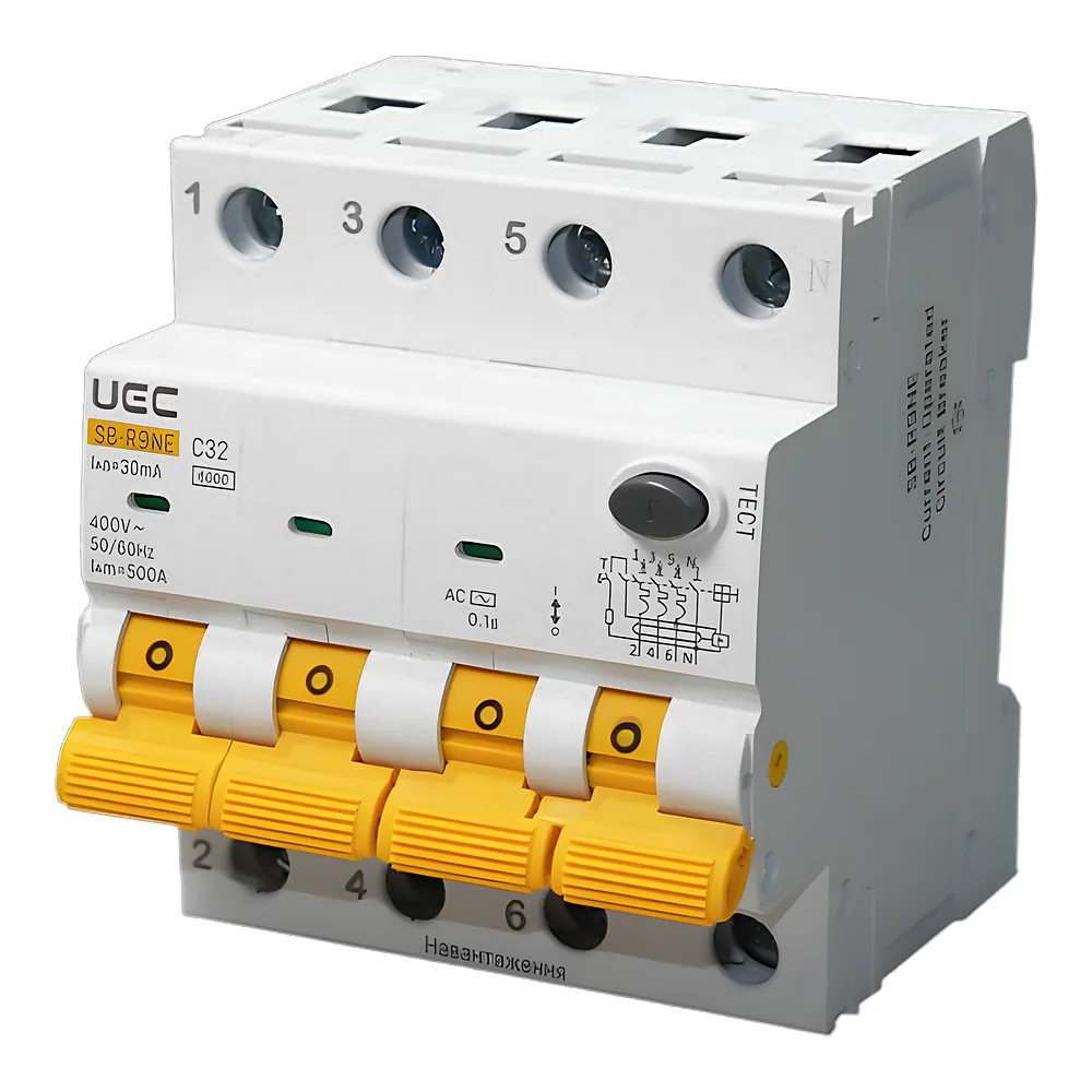 Диференційний автоматичний вимикач SB-R9NE 4P C 32 А 30 мА тип AC 6 кА UEC RCBO60-4-032-C-030-AC