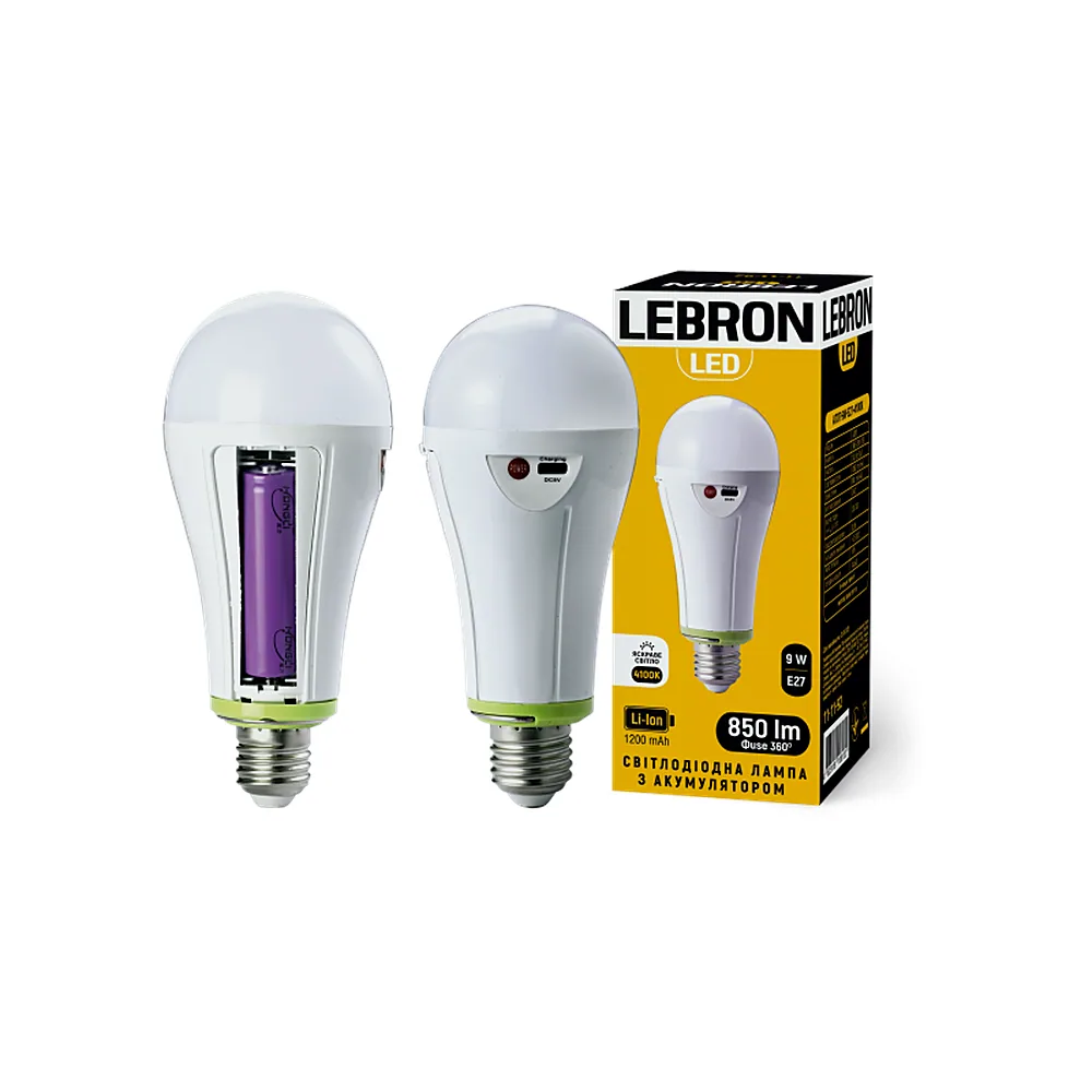 LED лампа з акумулятором LEBRON L-A70T, 1200mAh, 9W, Е27, 6500K, 850lm