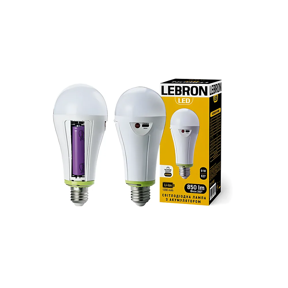 Лампа з акумулятором L-A70T 1200 мА·год 9 Вт Е27 6500 K 850 лм LED LEBRON 11-11-92-2