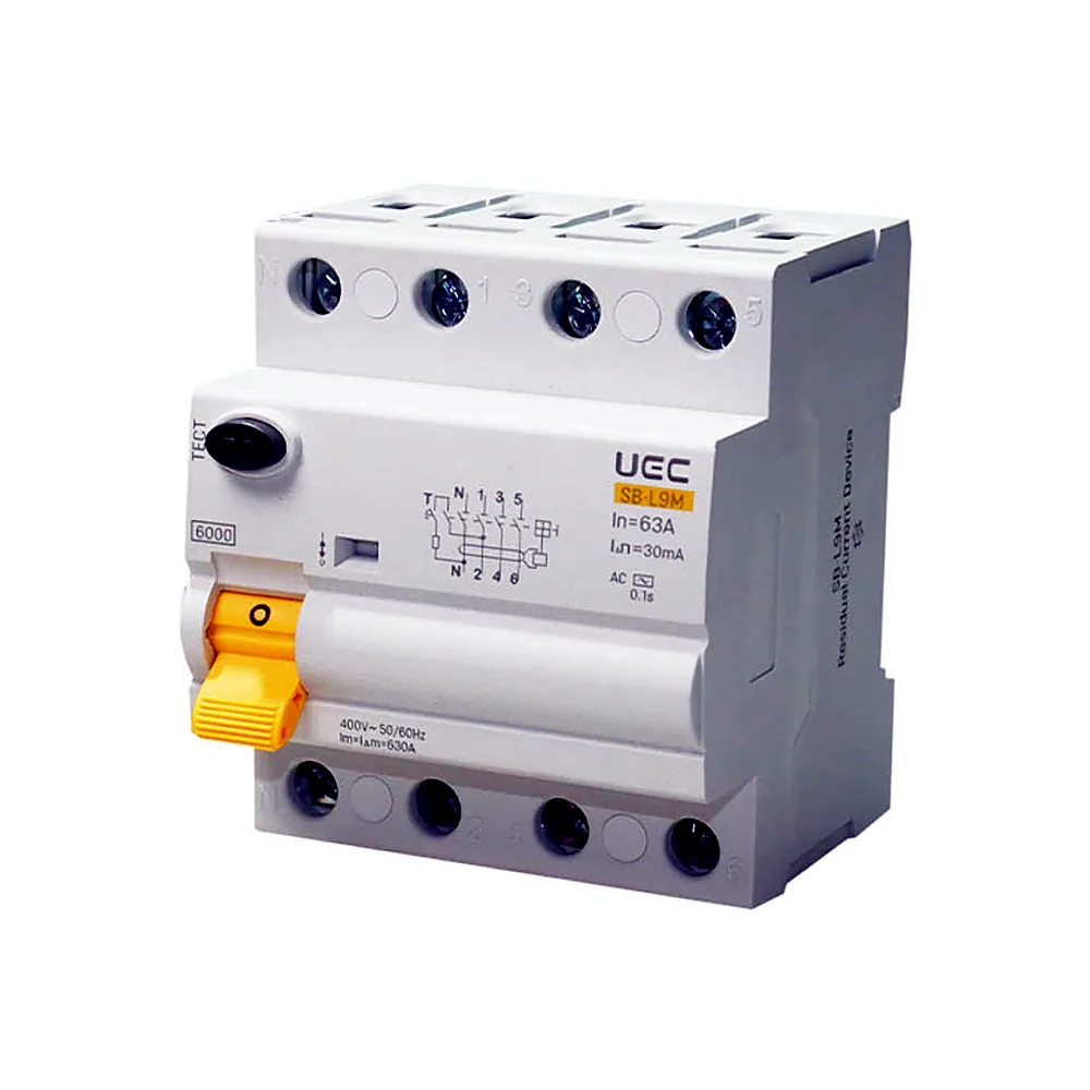 Пристрій захисного відключення UEC SB-L9M 4P 63A 30mA тип AC 6kA RCCB61-4-063-030-AC