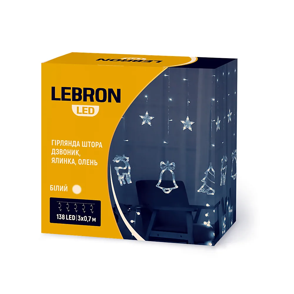 LED гірлянда LEBRON штора 3х0,7м, ялинка, дзвоник, олень 138LED, біла, IP20