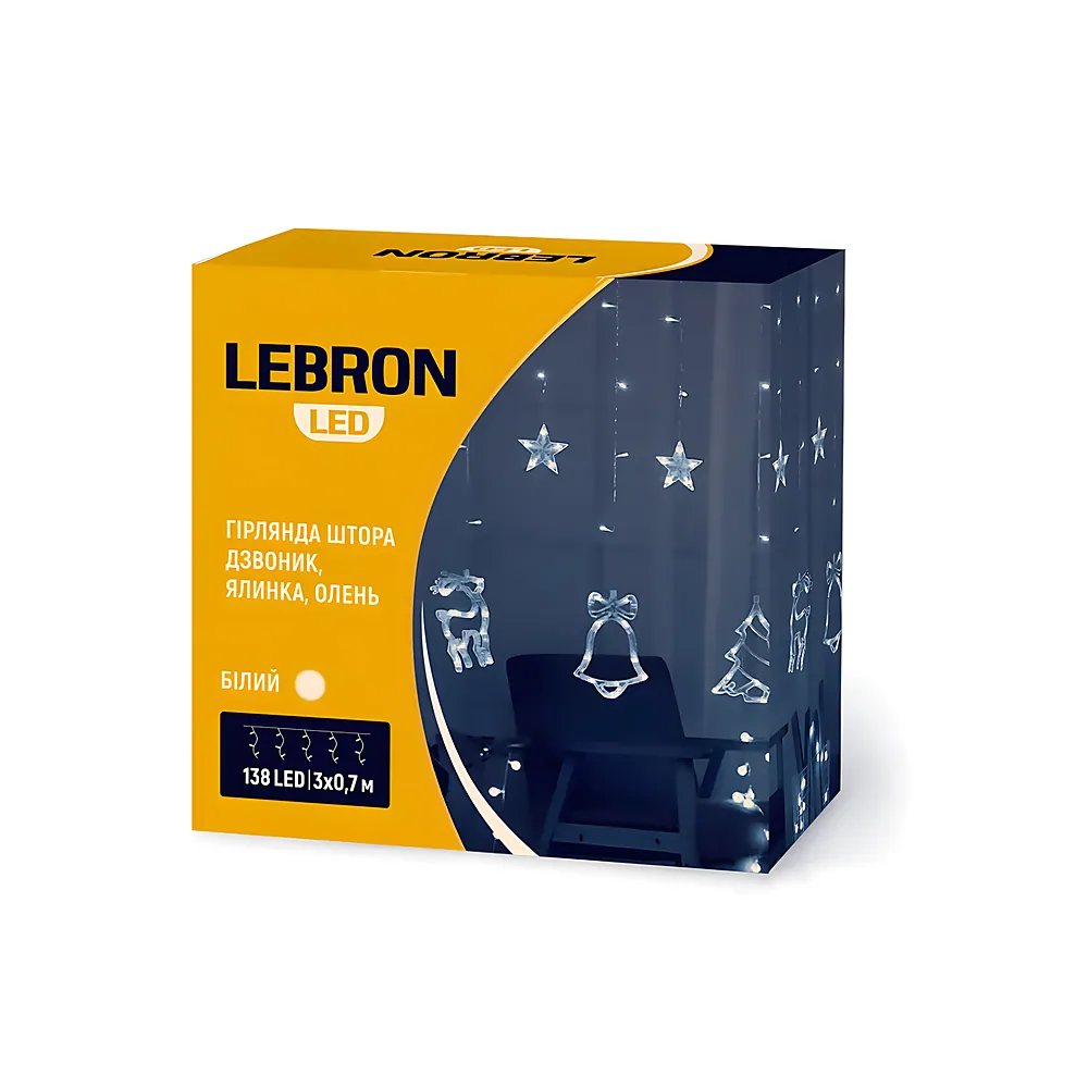LED гірлянда LEBRON штора 3х0,7м, ялинка, дзвоник, олень 138LED, біла, IP20