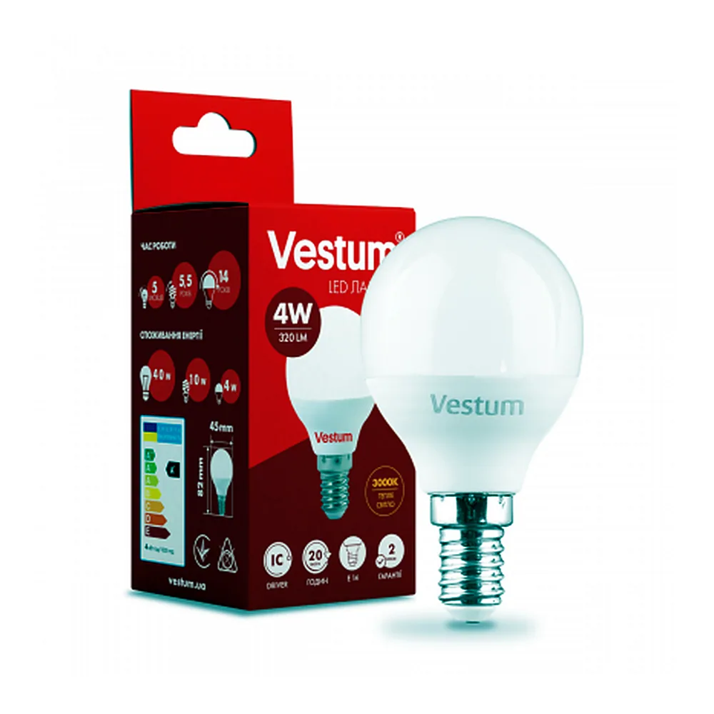 Лампа LED Vestum G45 4W 3000K 220V E14