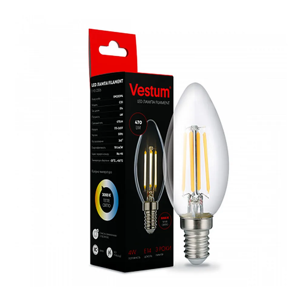 Лампа LED Vestum філамент C35 E14 4W 4100К clear glass
