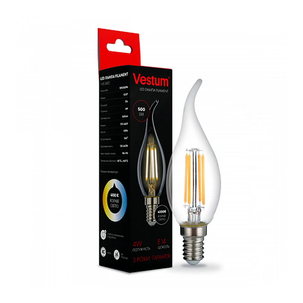 Лампа LED Vestum філамент C35 TAILED E14 4W 3000К clear glass