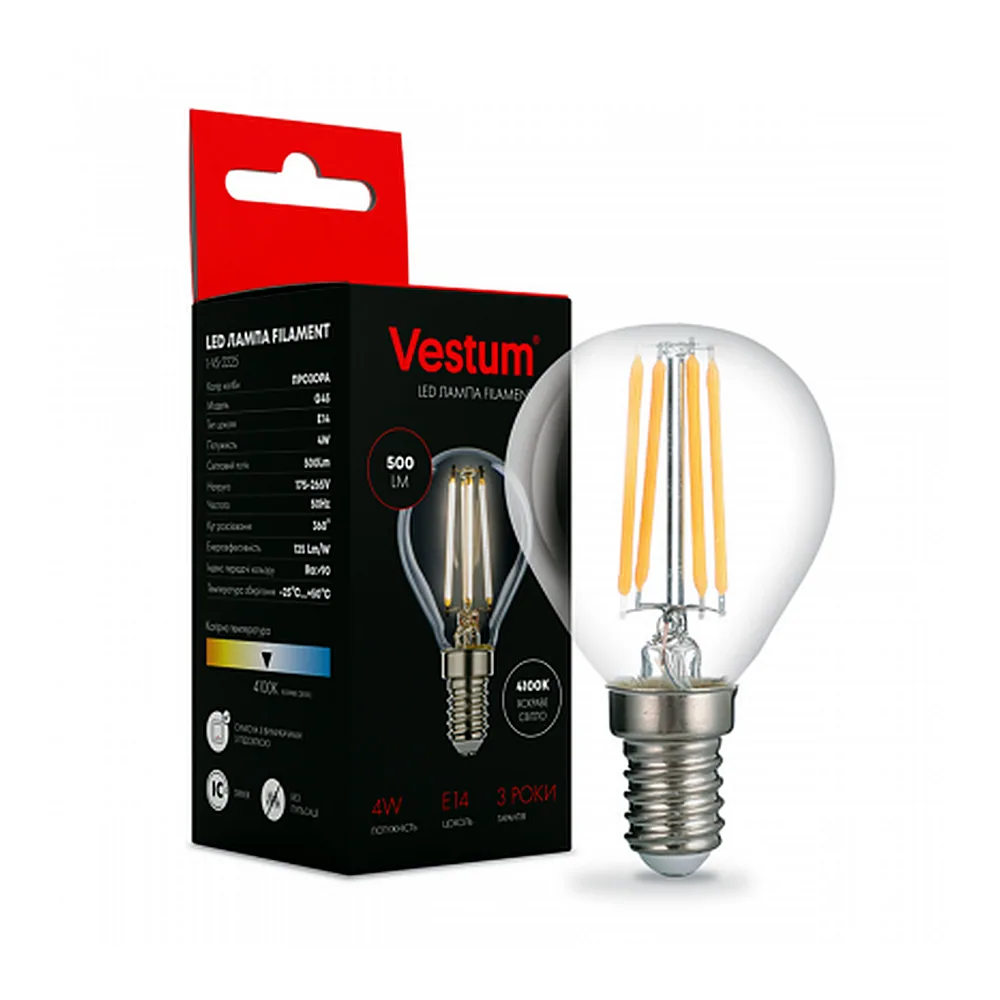 Лампа LED Vestum філамент G45 E14 5W 4100K clear glass