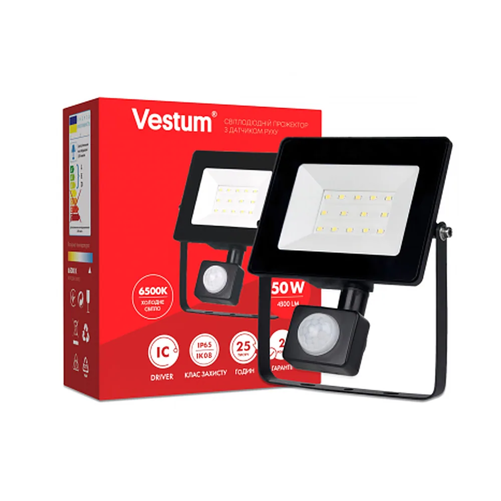 Прожектор LED Vestum з датчиком руху 50W 4 300Лм 6500K 175-250V IP65