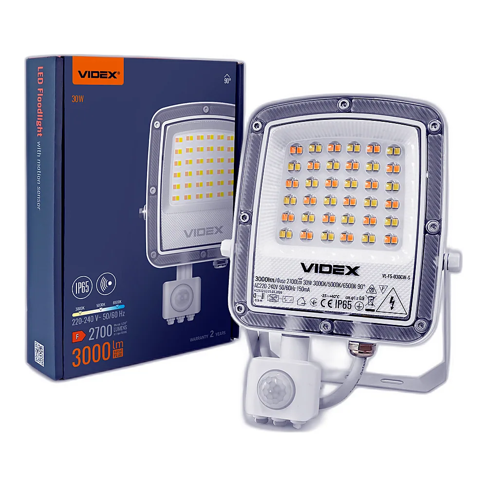 LED прожектор VIDEX F5 30W 3000-5000-6500K з датчиком руху 230V White (VL-F5-030CW-S)