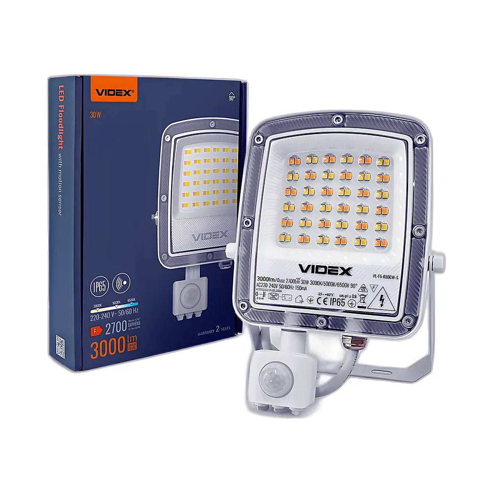 Прожектор F5 30 Вт 3000-5000-6500 K з датчиком руху 230 В білий LED Videx VL-F5-030CW-S