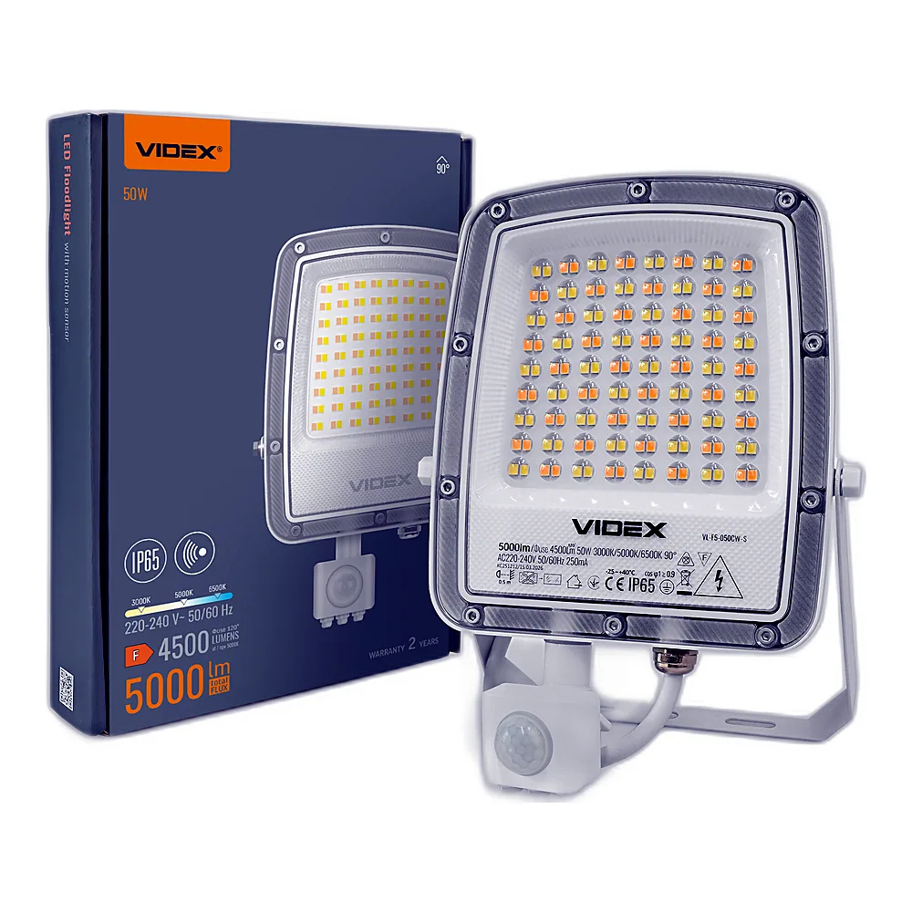 LED прожектор VIDEX F5 50W 3000-5000-6500K з датчиком руху 230V White (VL-F5-050CW-S)