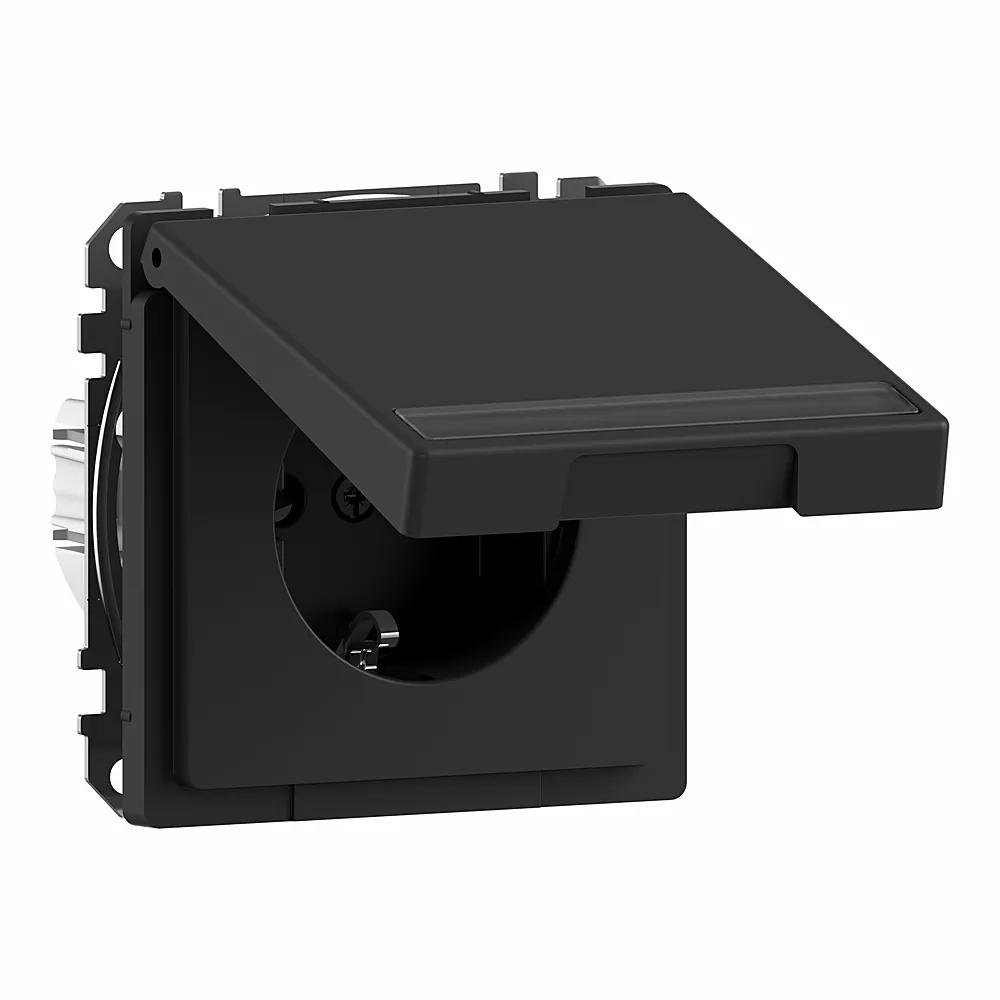Розетка System D з кришкою з заземленням зі шторками з полем для маркування 16 А антрацит Schneider Electric MEG2312-6034
