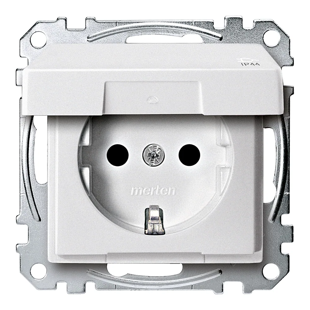 Розетка System M з кришкою з заземленням зі шторками 16 А IP44 полярно-біла Schneider Electric MEG2314-0419