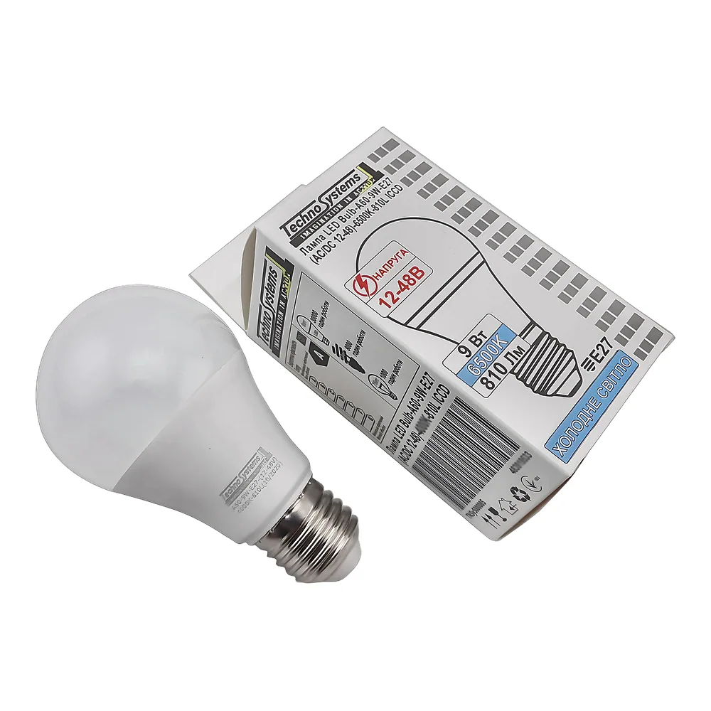 Світлодіодна лампа LED A60-9W-E27-(AC/DC 12-48V)-6500K-810L ICCD BULB TECHNO SYSTEM TNSy5000554