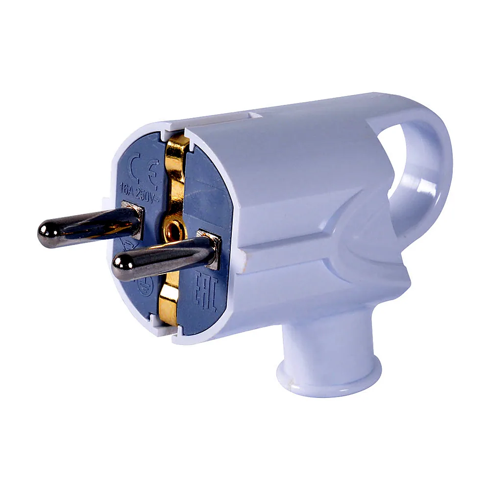 Вилка побутова IEK e.plug.angle.005.16 з з/к 16А кутова біла з ручкою s9100046