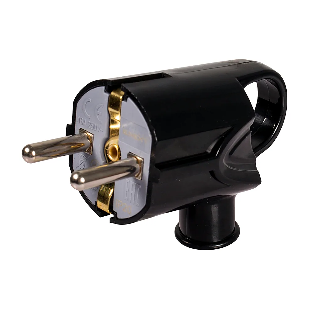 Вилка побутова IEK e.plug.angle.006.16 з з/к 16А кутова чорна з ручкою s9100047