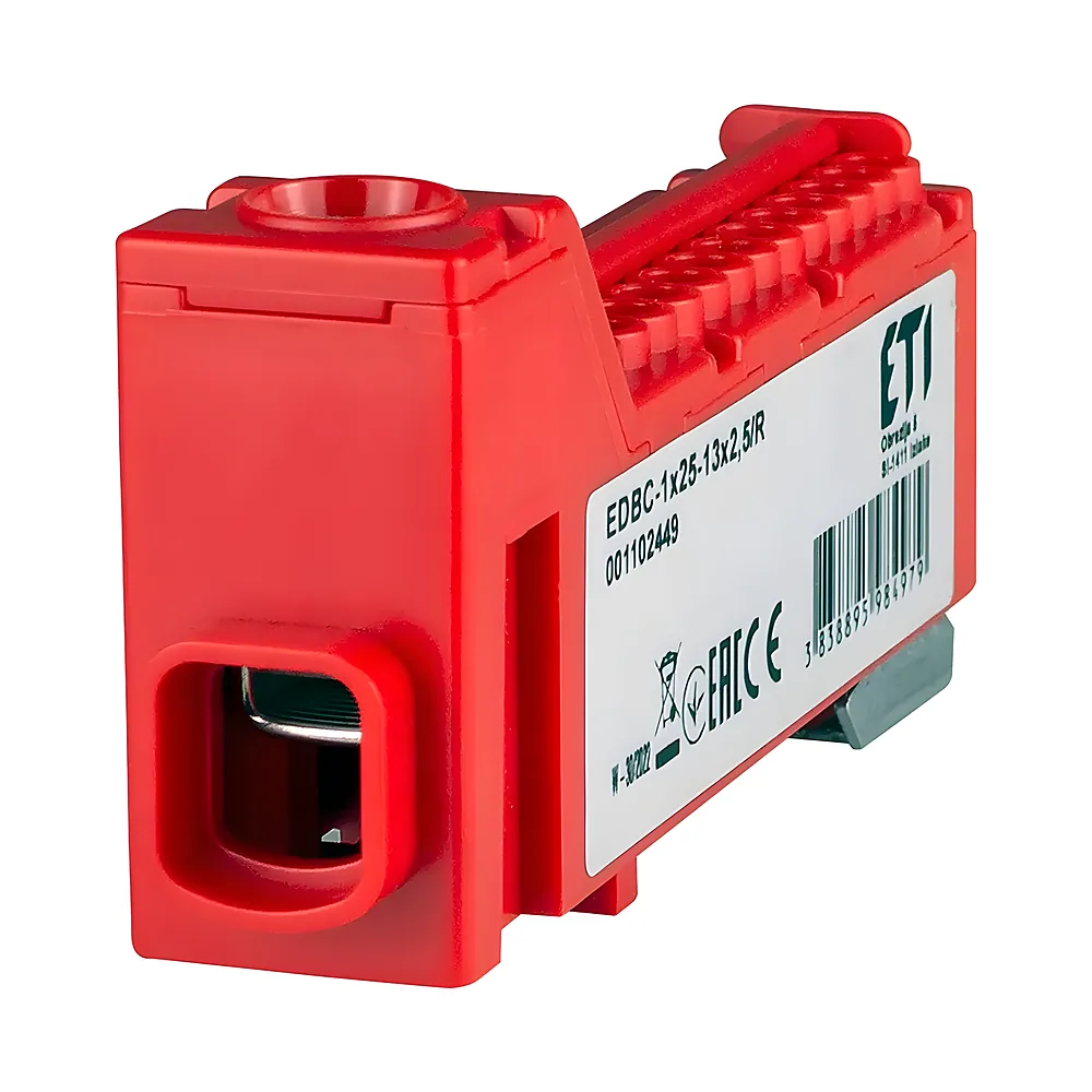 Блок розподільчий EDBC-1х25-13х2,5/R 63 А 1000 В AC/1500 В DC 1х25 13х2,5 червоний ETI 1102449