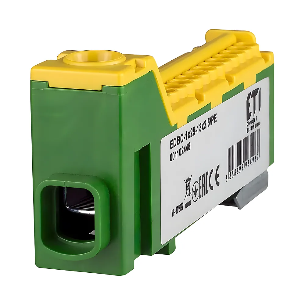 Блок розподільчий EDBC-1х25-13х2,5/PE 63 А 1000 В AC/1500 В DC вхід 1х25 вихід 13х2,5 жовто-зелений ETI 1102448