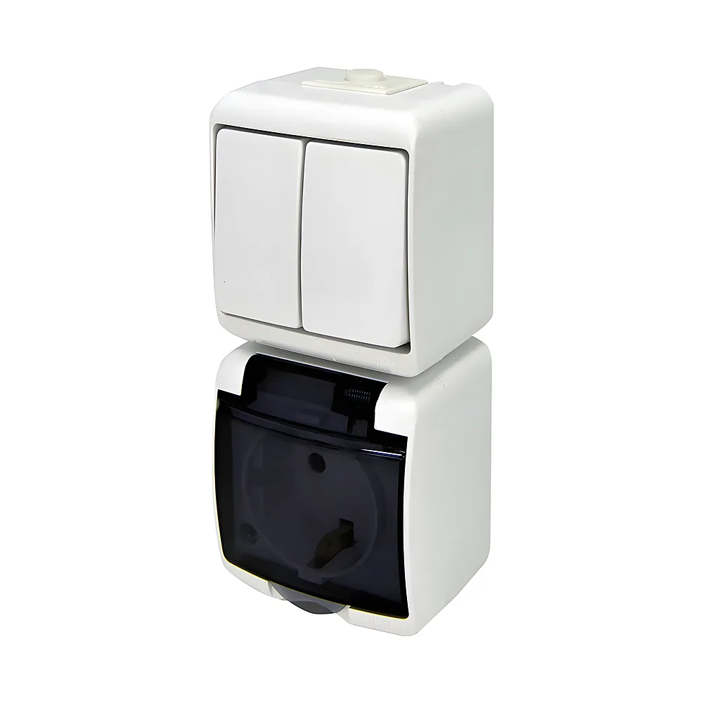 Мікс вертикальний 2-клавішний вимикач + розетка Schuko димчаста кришка IP54 VRHP-2sd ETI 4668028