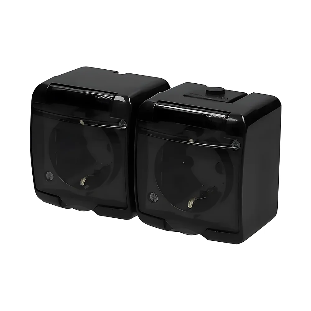 Розетка Hermetics 2-постова з заземленням Schuko IP54 чорна/прозора кришка ETI 4668091