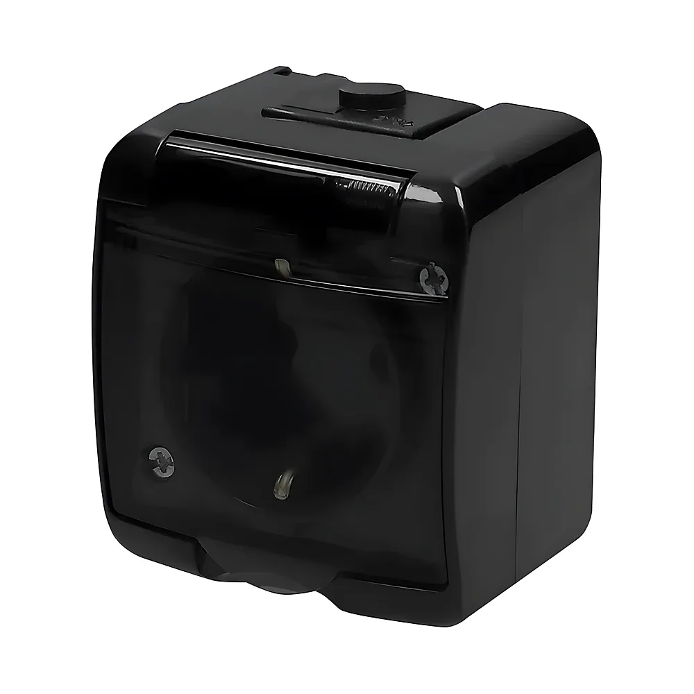 Розетка Hermetics 1-постова з заземленням Schuko IP54 чорна/прозора кришка ETI 4668090
