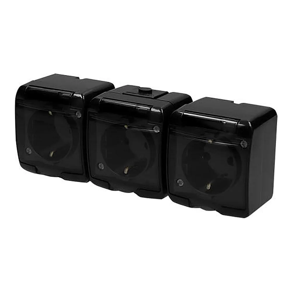 Розетка ETI Hermetics 3-а з/к Schuko IP54 чорна/прозора кришка 4668092
