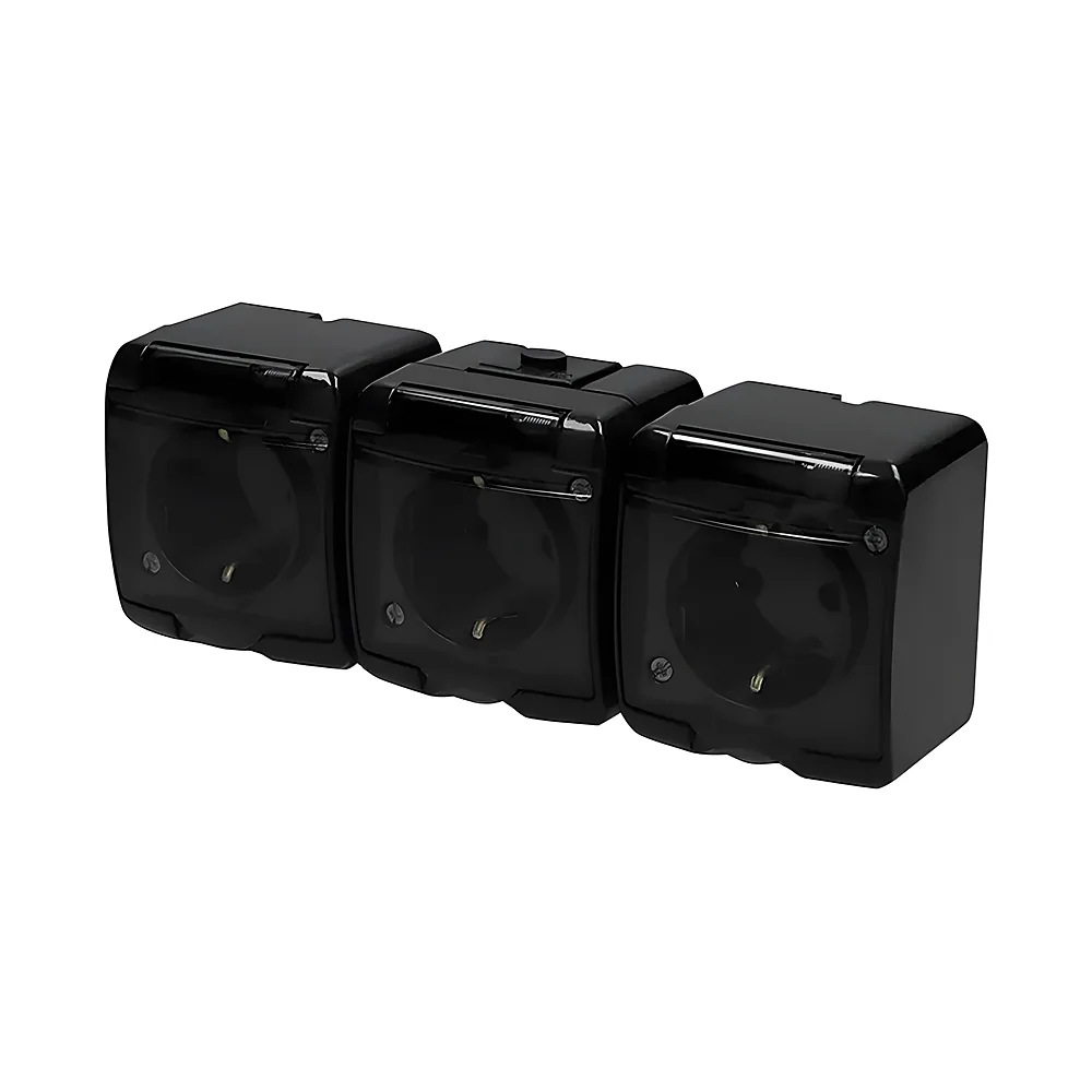 Розетка Hermetics 3-постова з заземленням Schuko IP54 чорна/прозора кришка ETI 4668092
