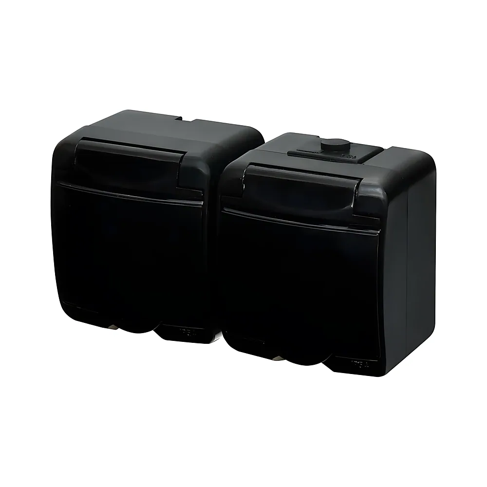 Розетка Hermetics 2-постова з заземленням Schuko IP54 чорна/чорна кришка ETI 4668094