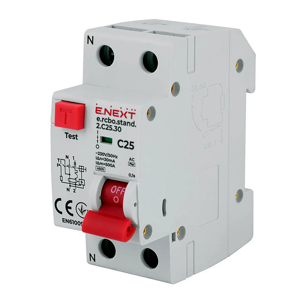 Диференційний автоматичний вимикач E.NEXT e.rcbo.stand.2.C25.30 1P+N 25A C 30mA s034105