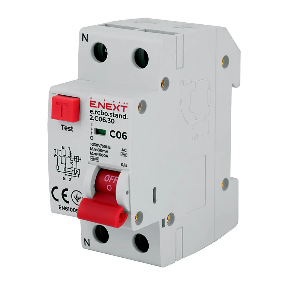 Диференціальний автомат E.NEXT e.rcbo.stand.2.C06.30 1P+N 6A C 30мА s034101