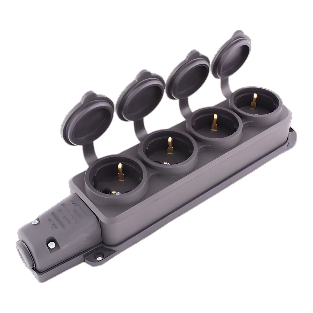 Розетка e.socket.rubber.029.4.16 чотирьохмісна з кришкою каучукова з заземленням 16 А чорна E.NEXT s9100039