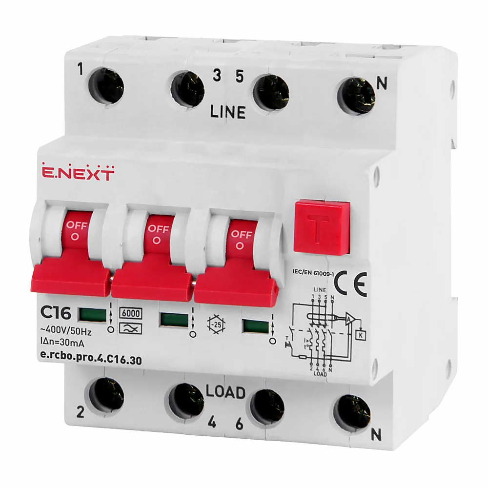 Диференціальний автоматичний вимикач E.NEXT PRO e.rcbo.pro.4.C16.30 3P+N 16A C A 30mA p0720015