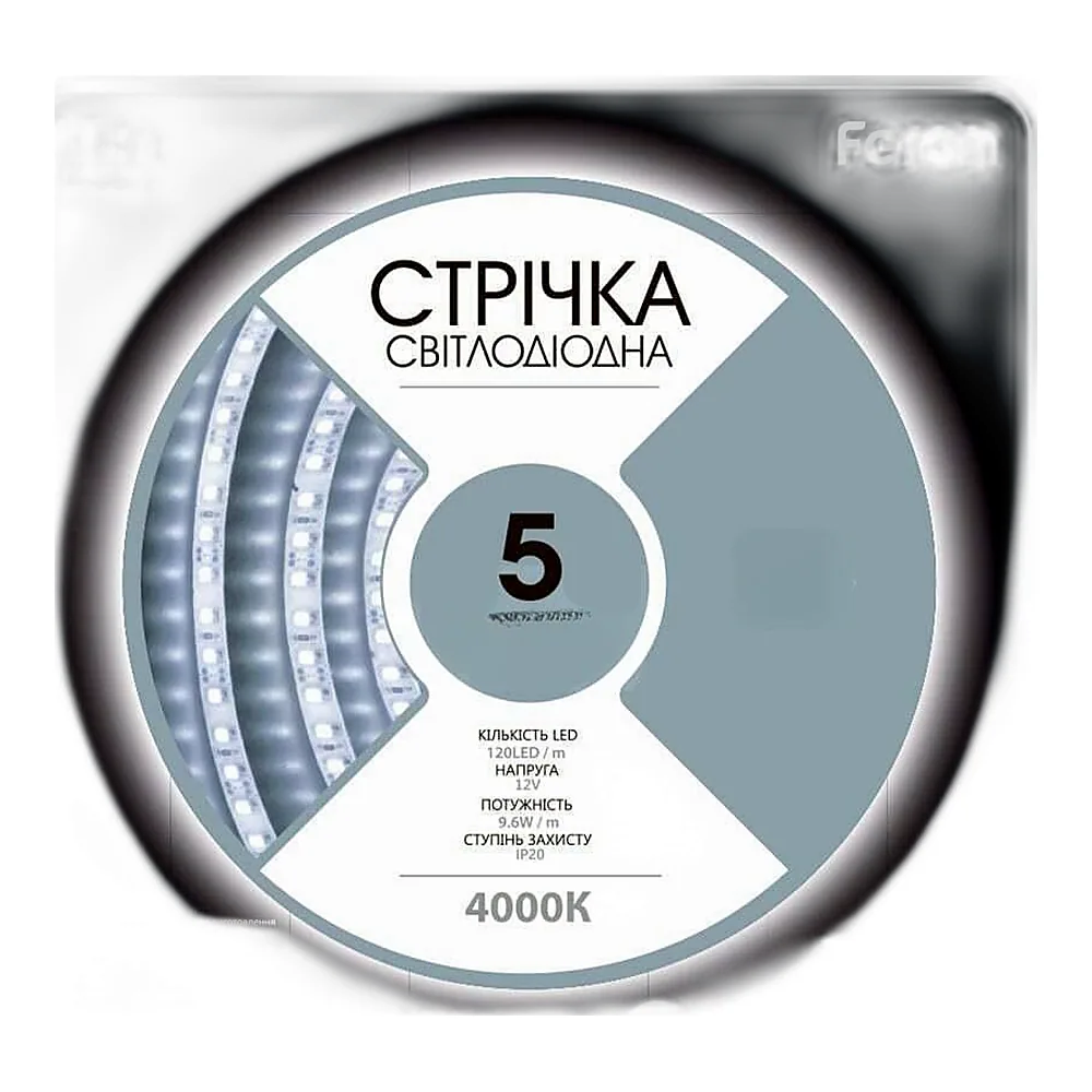 Світлодіодна стрічка LS612 12V 9.6W 120SMD 2835 4000K IP20 5m*8mm  FERON
