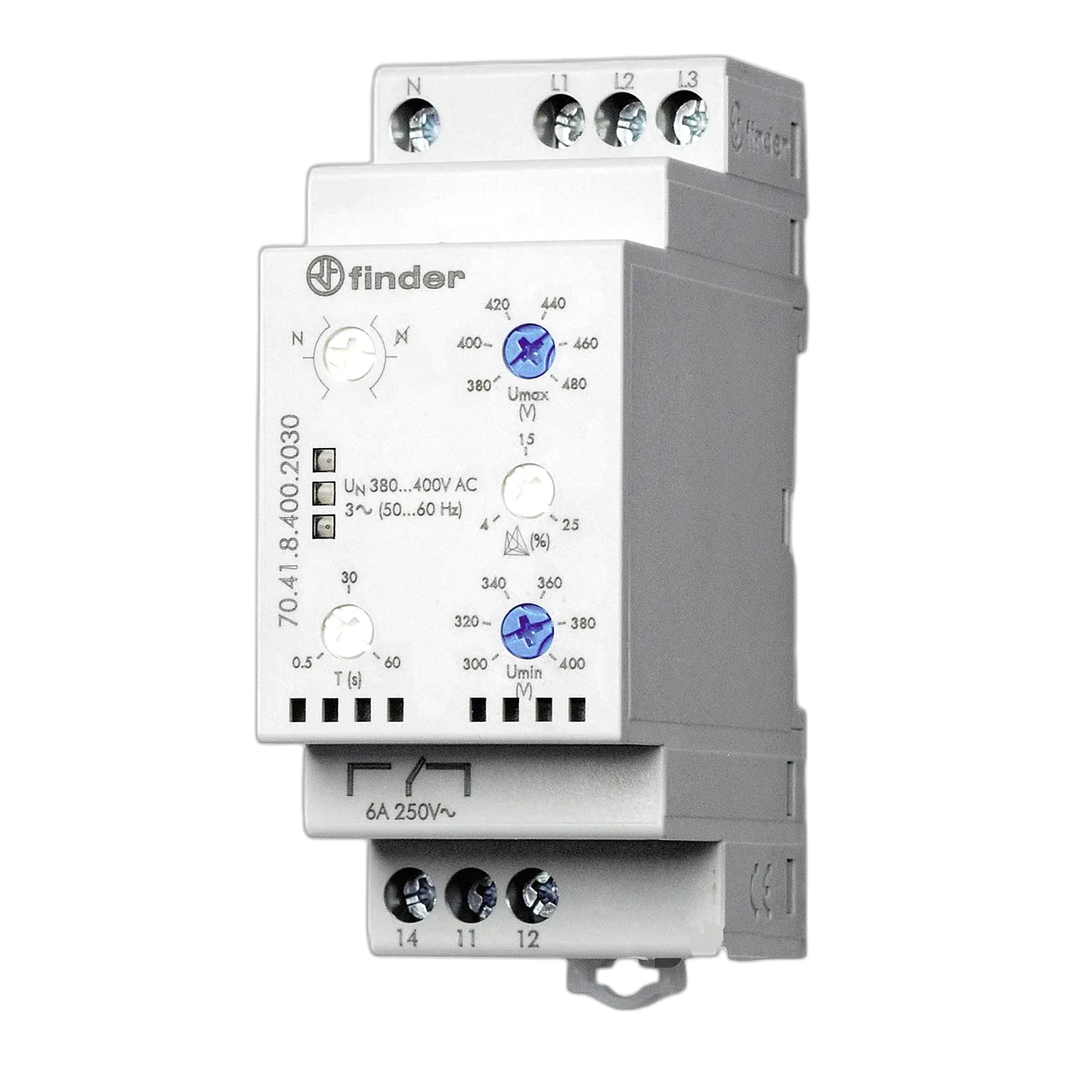 Реле контролю мережі Finder 704184002030 1CO 6A 380-415В AC 3фази+N 300-480В