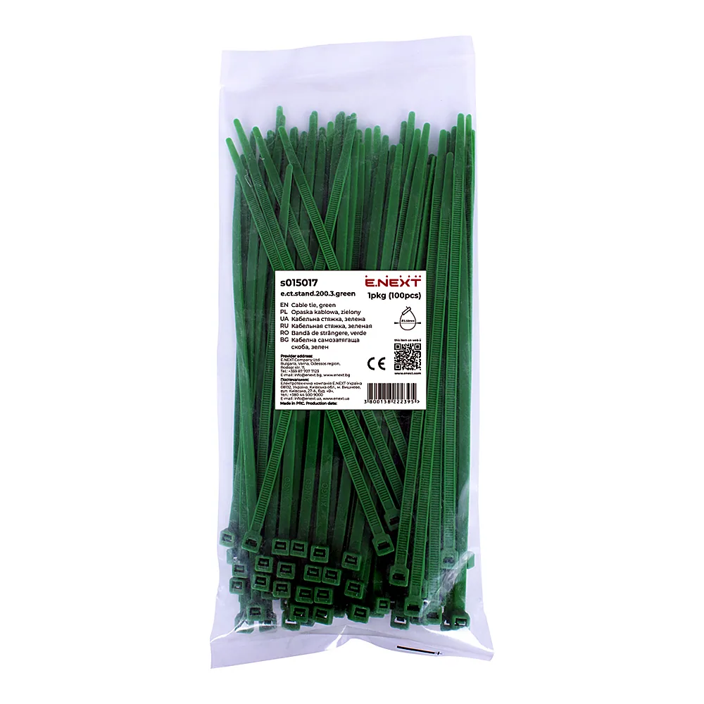 Кабельна стяжка e.ct.stand.200.3.green (100шт), зелена