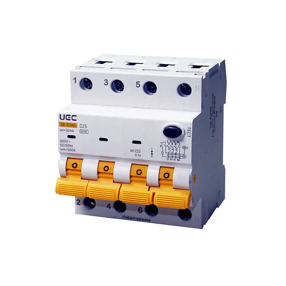 Автоматичний вимикач диференційного захисту IEK SB-R9NE 4P C25 30мА тип AC 6kA RCBO60-4-025-C-030-AC