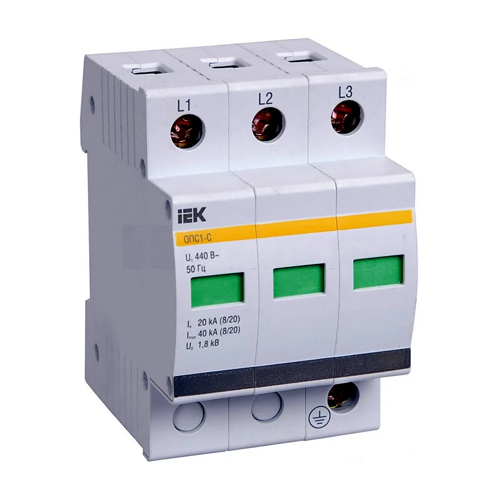 Обмежувач імпульсних перенапруг IEK ОПС1-C 3Р In=20kA Un=400В Im=40kA MOP20-3-C
